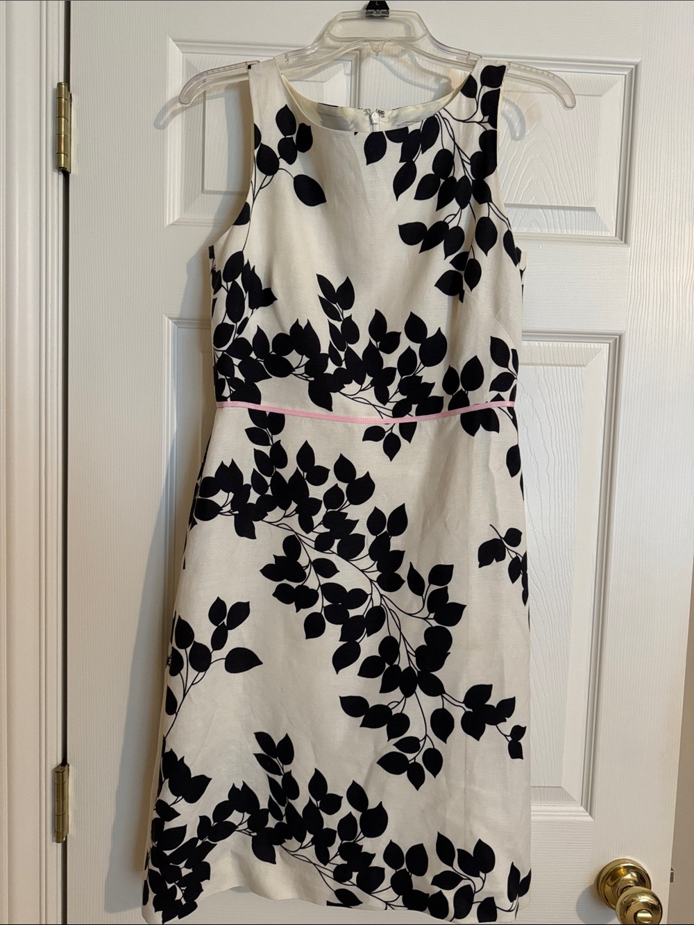 Sleeveless Black & White Leaf Print Dress with Pink Waist Trim